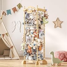 COSYLAND Stuffed Animal Storage Organizer for Kids Room - Large Pine Wood Plush Toy Holder with Elastic Cords & Nameplate - Cute Castle Toy Zoo for Toddler Room & Corner Colorful Chain