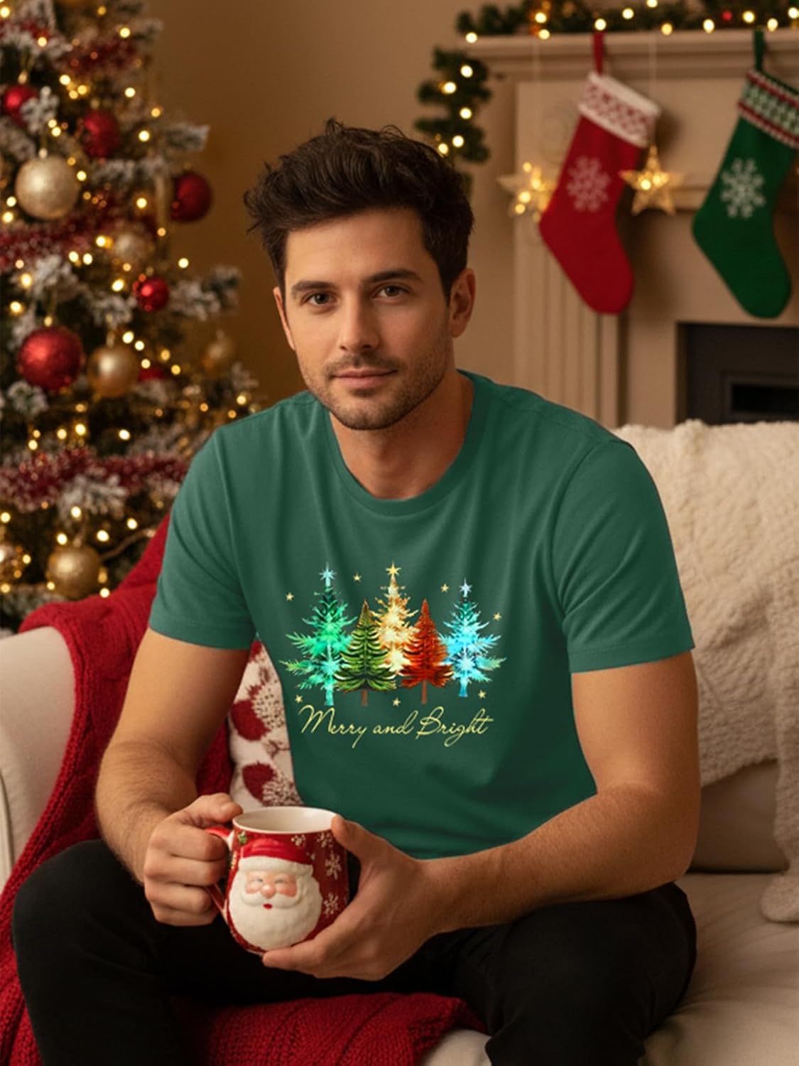 Mens Christmas Shirts Christmas Tree Graphic Tee Xmas Casual Holiday Pullover Gifts Tops - Image 3