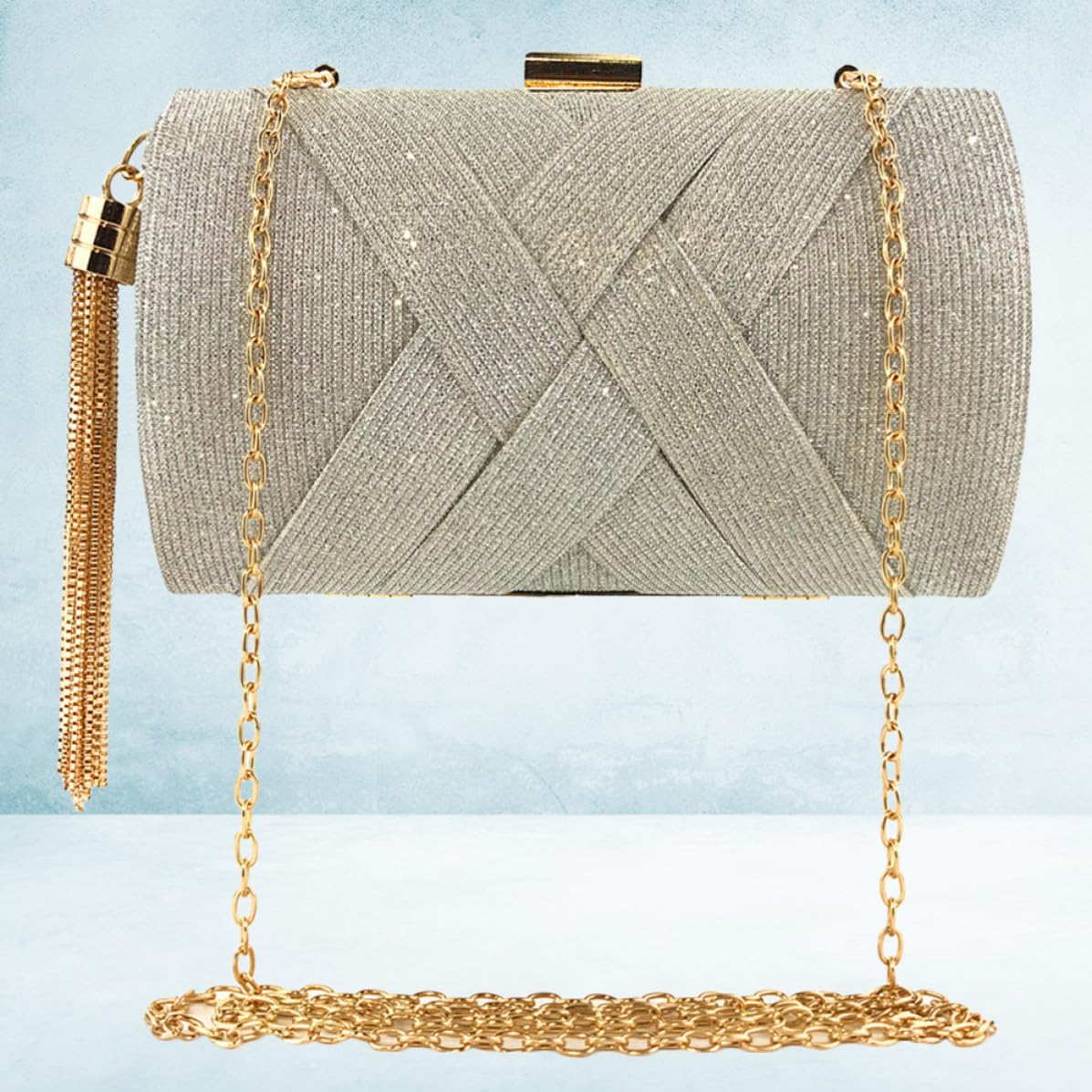 Dorado Bolso de Noche para Mujer de Satén Borlas Elegante