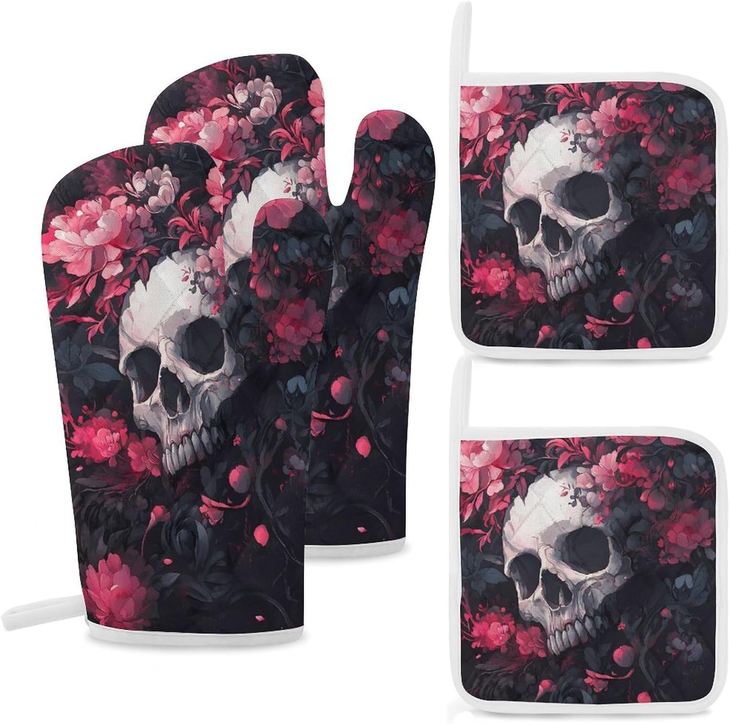 Skull Blooming Flowers Peony Oven Mitts and Pot Holders 4Pcs Set Heat Resistant Cooking Mitts Hot Pads