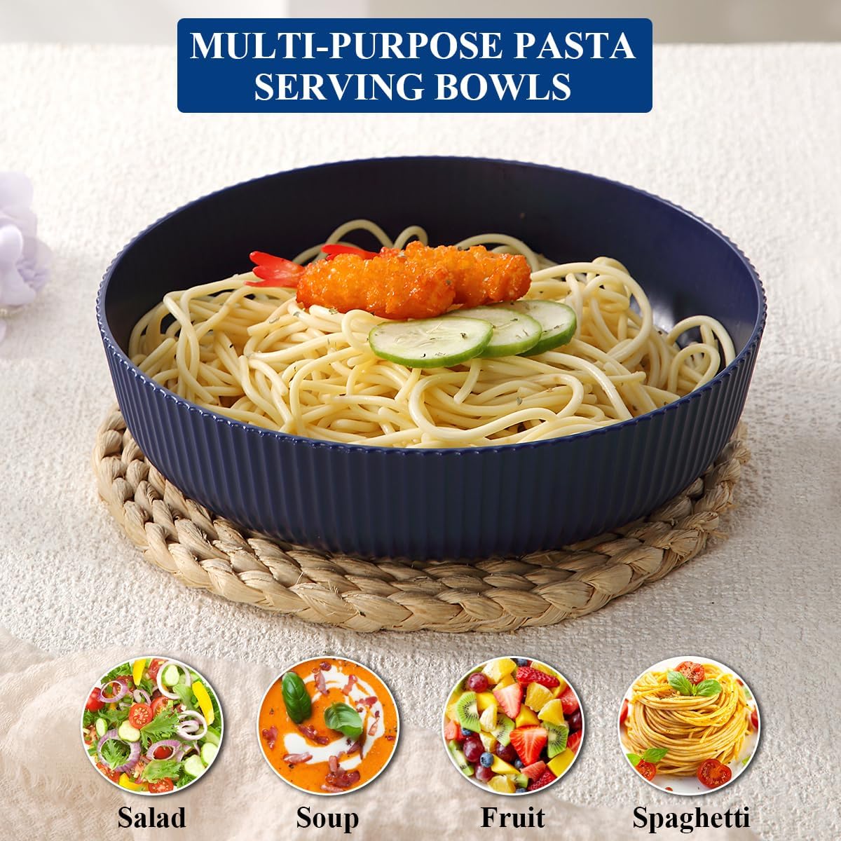 HOMQUEN Pasta Bowls Set of 6, 37oz Salad Bowls Blue Soup Bowls, Large Pasta Serving Bowls, Unbreakable Plastic Dinner Bowls, Dinnerware Sets,Valentines Day Gift, Dishwasher Safe (Blue) - Image 8