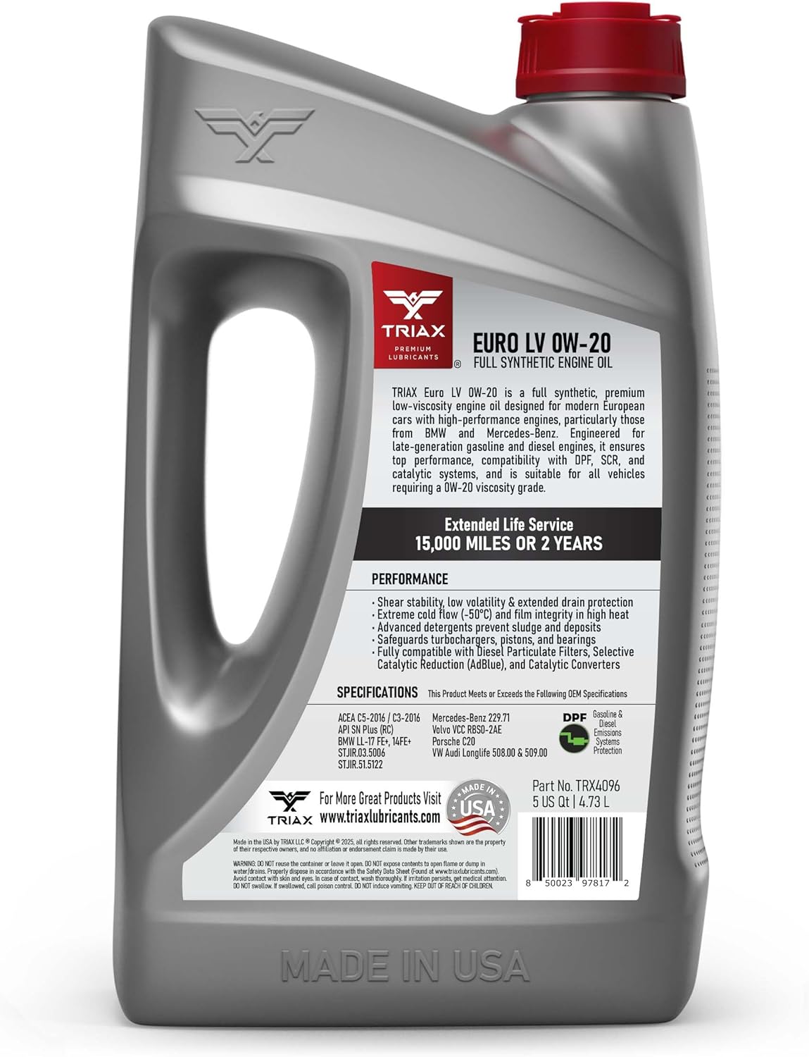 TRIAX Euro LV 0W-20 Full Synthetic European Car Engine Oil | 15K Miles | Compatible with BMW LL-12+, LL-17+, MB 229.71, VW 508.00/509.00 (5 Quart)