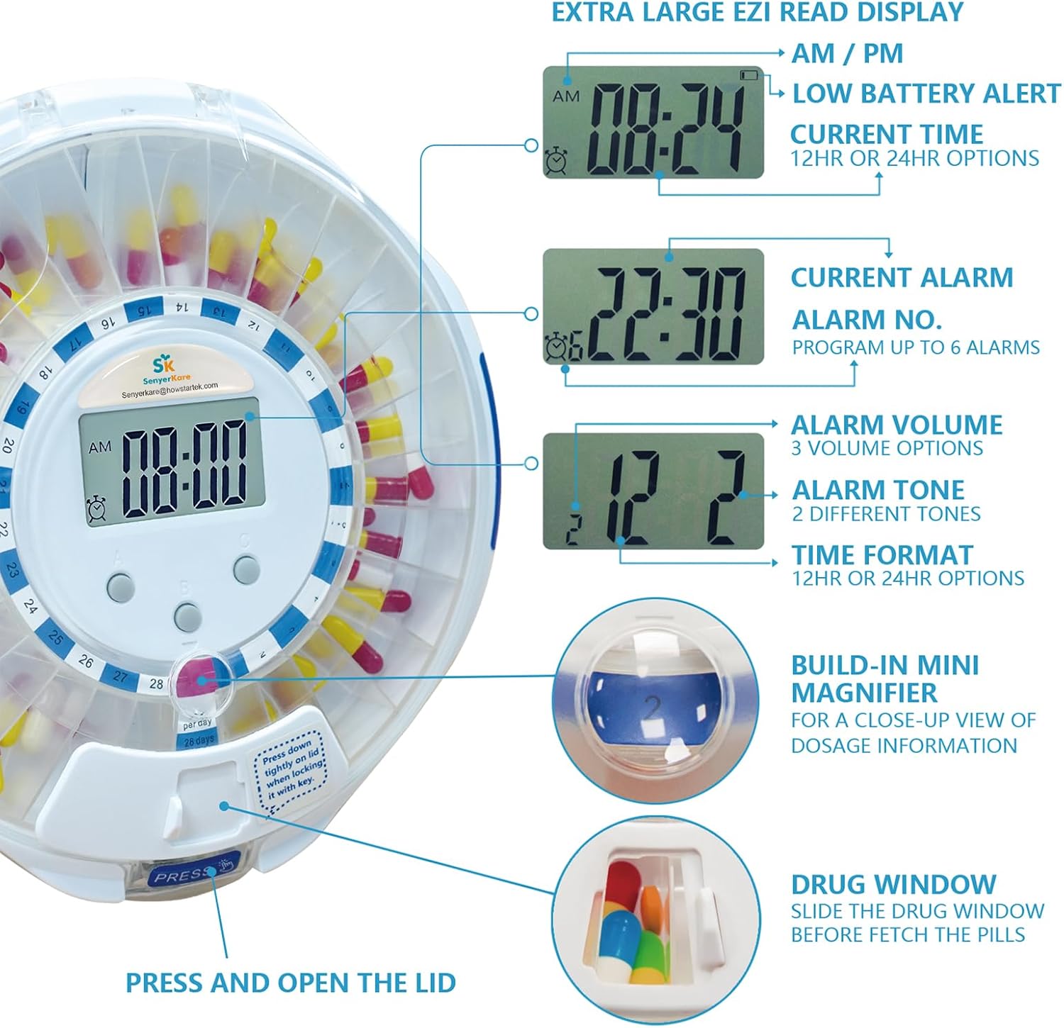 SenyerKare 28-Day Automatic Pill Dispenser with Alarm & Alzheimer’s Care, Medication Organizer w/Easy-Read LCD Display, Sound & Light & Key Alerts for Medication, Vitamins, Supplements, Clear Lid