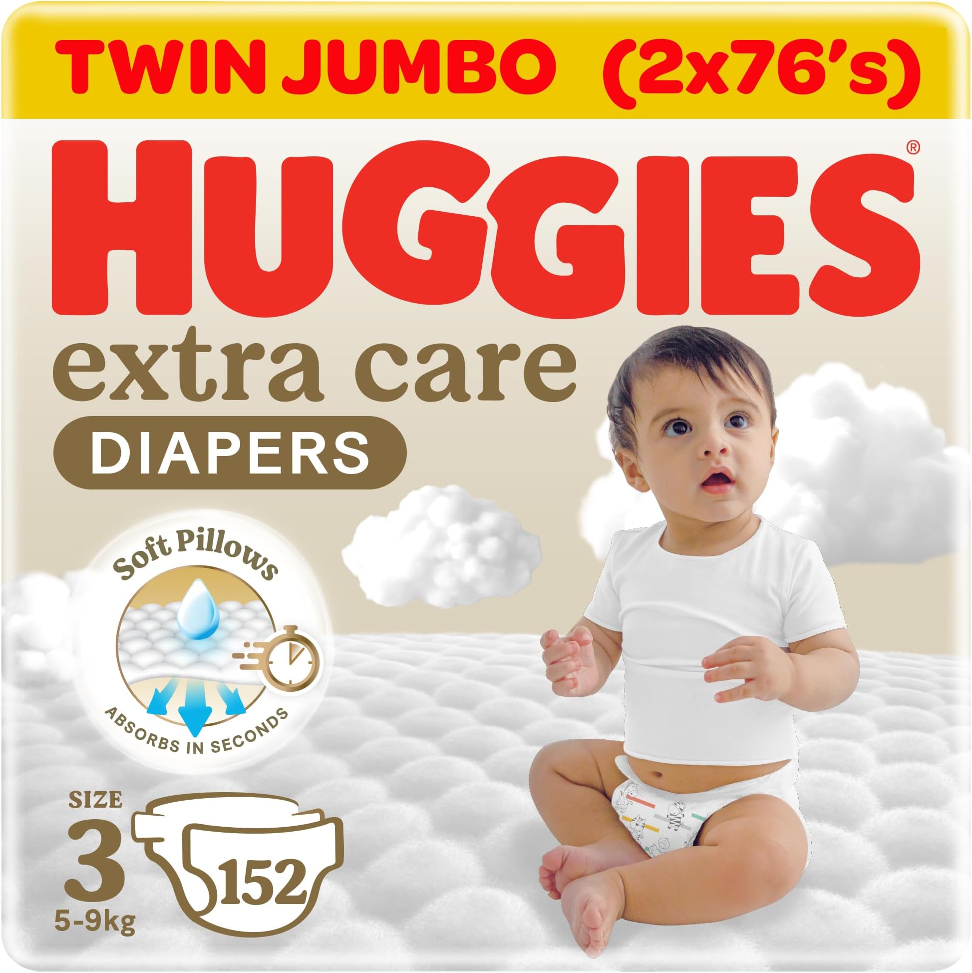Extra Care Baby Diapers, Size 3 (5-9 kg, Twin Jumbo Pack, 152 Diapers