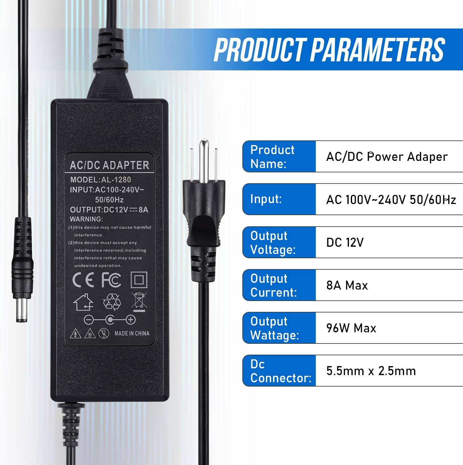 TOBWOLF 3 Prong DC 12V 8A Power Supply Adapter, 96W AC 100V-240V to DC 12V 8A Transformer, 12V-8A Switching Adapter AC/DC Converter, AC/DC Transformer for LED Strip Lights, CCTV Camera, 3D Scanner - Image 3