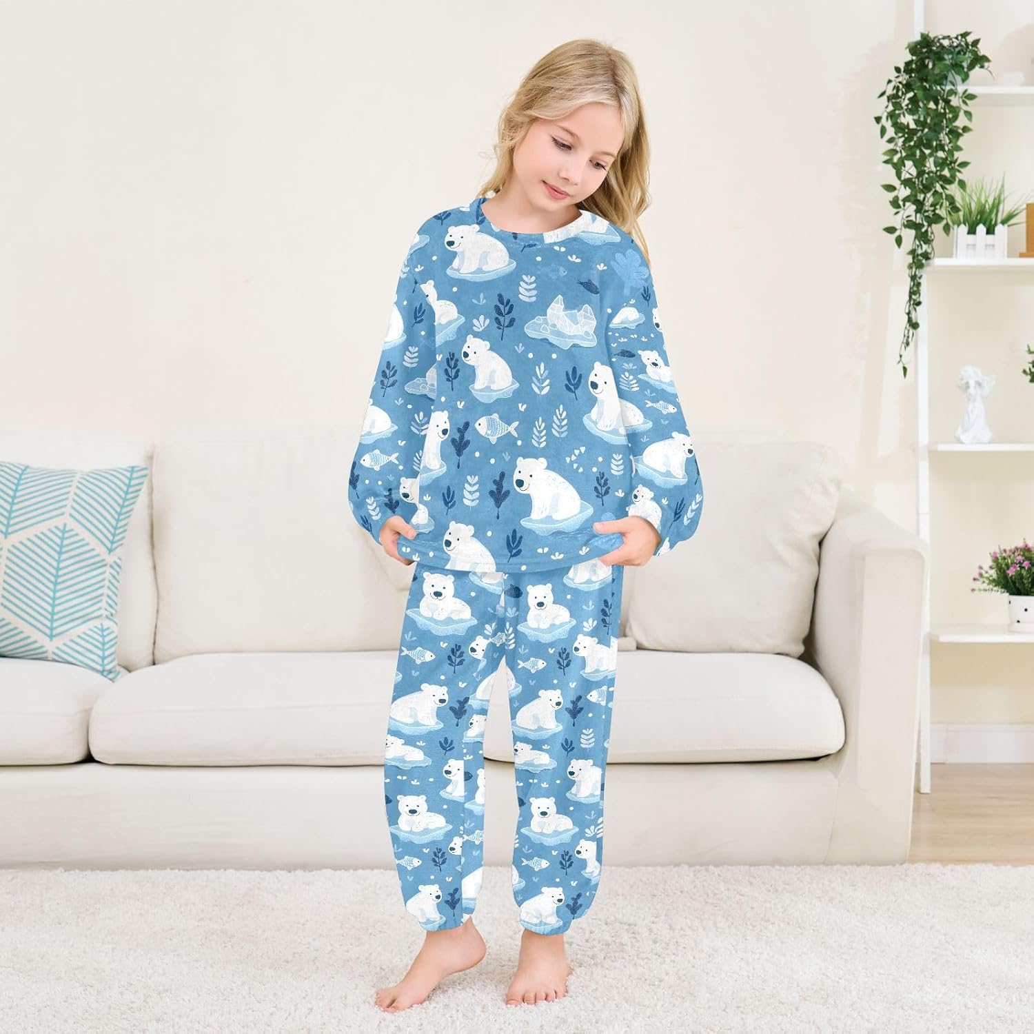 Kids Flannel Sets Cute Arctic Polar Bears Warm Plush Relaxed Clothing for Boys and Girls
