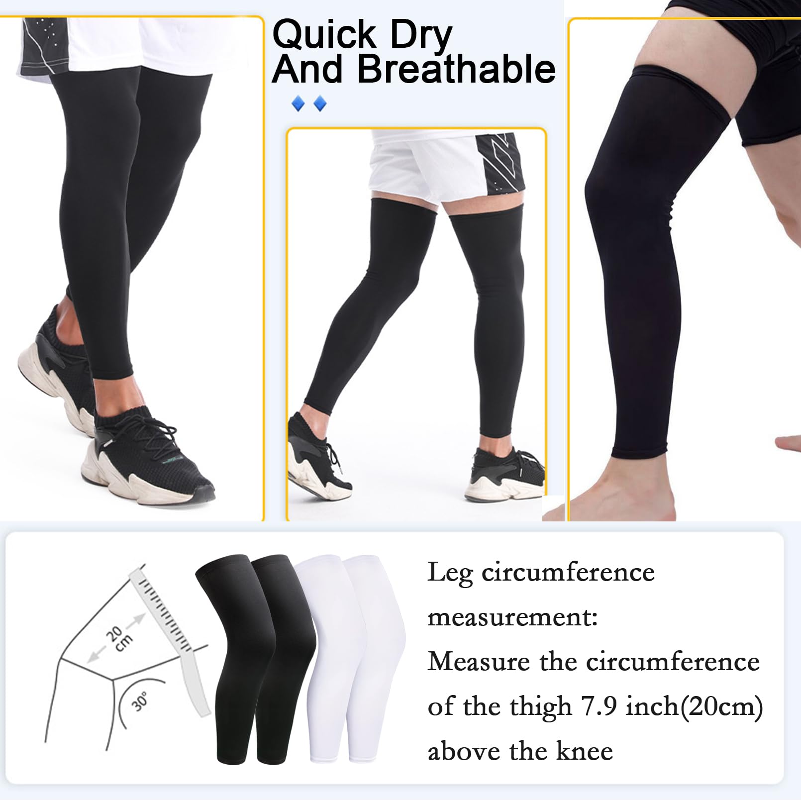 smilixin 2 pares de mangas de pierna, mangas de compresión de pierna completa para hombres y mujeres, rodilleras largas con tiras de silicona antideslizantes