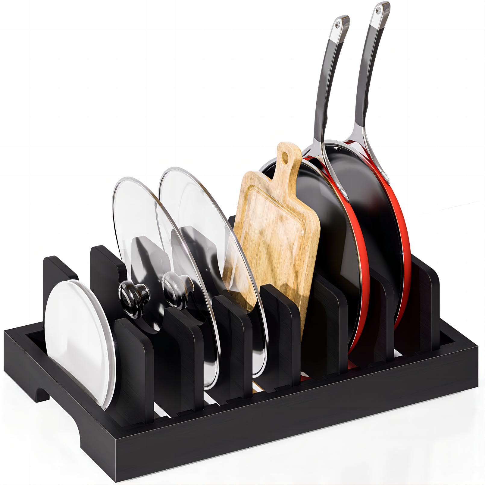 Kiasthome Organizador de ollas y sartenes de bambú, organizador de tapa de olla, organizador de gabinete de cocina con 7 separadores ajustables para ollas, sartenes, bandejas para hornear, tablas de