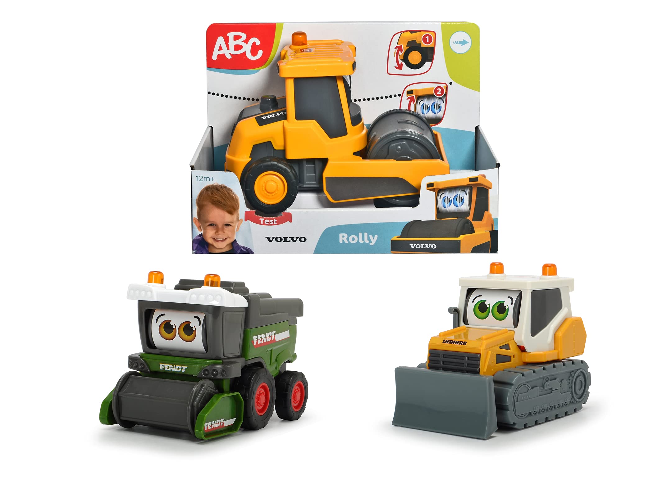 Dickie Toys Happy Series- Vehículo de construcción para Niños a Partir de 1 Año, Cosechadora Fendt, Apisonadora Volvo o Bulldozer Liebherr, Ojos cambian de Expresión, 16cm, Modelos Aleatorios