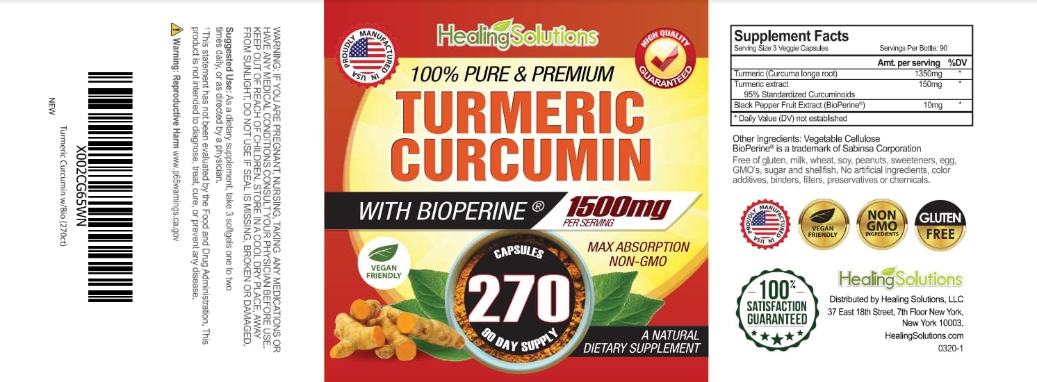 Turmeric Curcumin with Bioperine 1500mg (270 Capsules) Maximum Potency & Joint Support Supplement 95% Standardized Curcuminoids. Non-GMO Tumeric Gluten Free Turmeric with Black Pepper