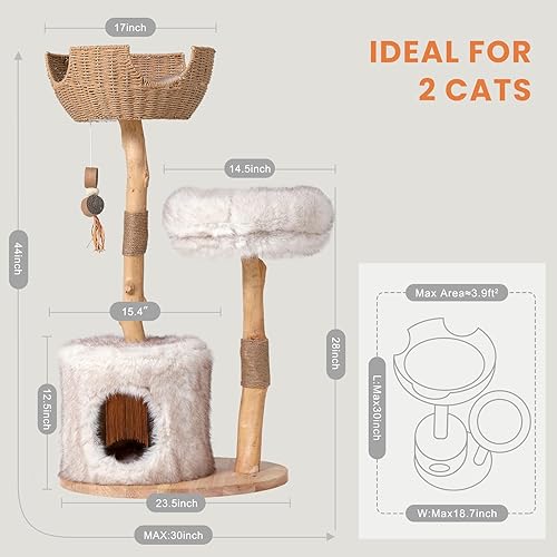 Miniatura 7 de PEGIC Torre de árbol para gatos con dos ramas reales, torre moderna de madera para gatos de 44 pulgadas con condominio de lujo, poste rascador para