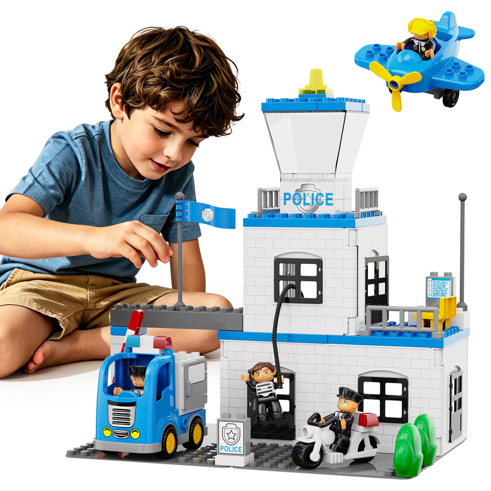 Large Police Station Toy, Classic Big Building Blocks Police Toys | 3 Police Figures/Prisoner, Police Motorcycle/Car/Helicopter, 76Pcs Compatible with DUPLO LEGO Police Station Playset for Kids