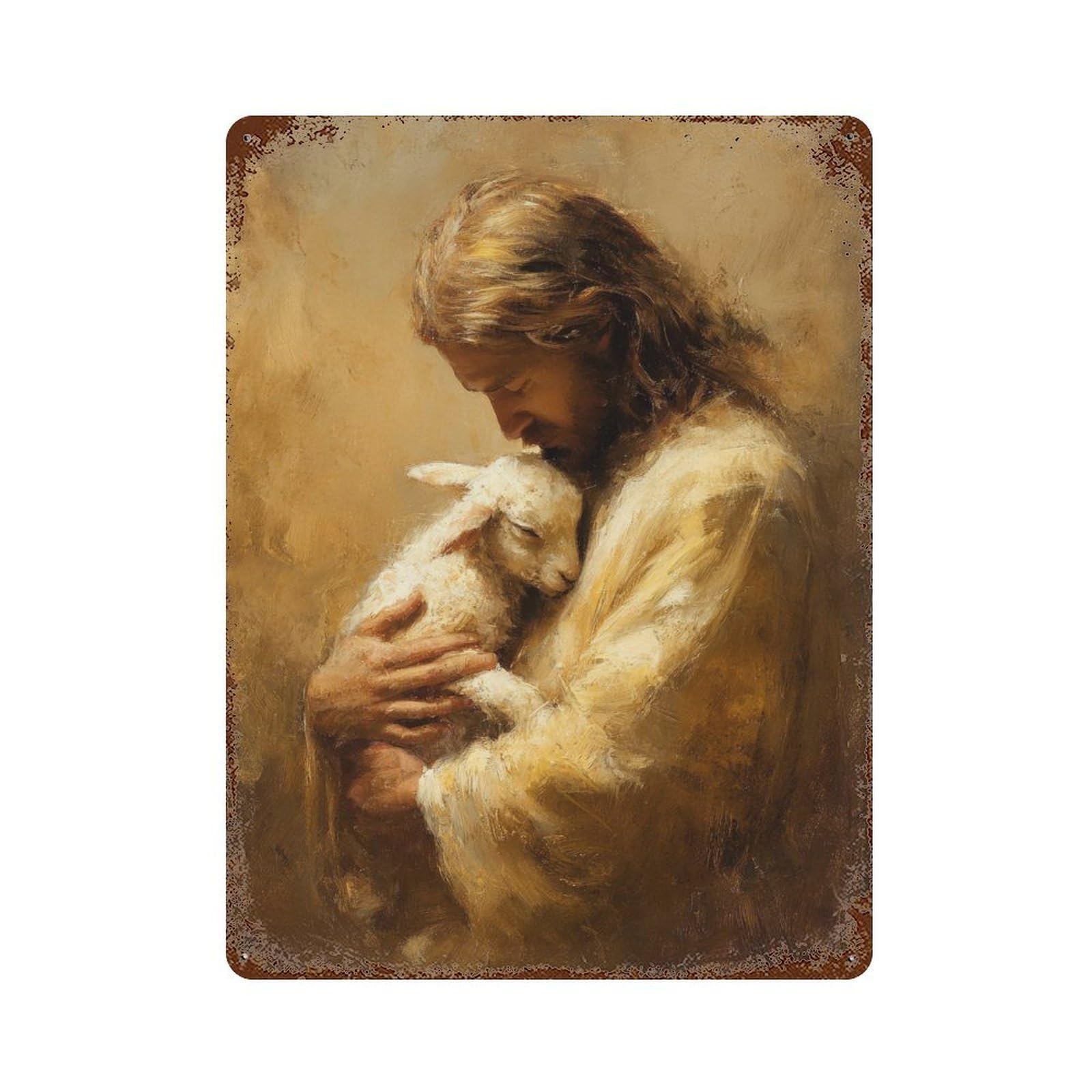 Rust Effect Jesus Holding Lamb Painting-5 Aged Metal Wall Plaque 15.7"x11.8", Industrial Home Decor for Cafe, Home Bar And Lounge Decor