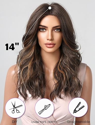 Miniatura 3 de HAIRCUBE Pelucas largas de color marrón oscuro con reflejos para mujer, peluca de pelo sintético rizado ondulado para uso diario