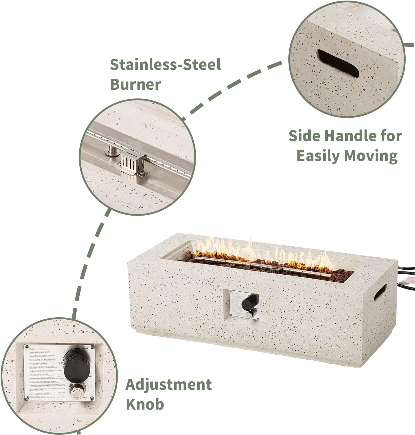 COSIEST Outdoor Propane Fire Pit Coffee Table, 42-inch x 13-inch Terrazzo Rectangle Base Patio Heater w Certified, 50,000 BTU Stainless Steel Burner, Free Lava Rocks and Rain Cover