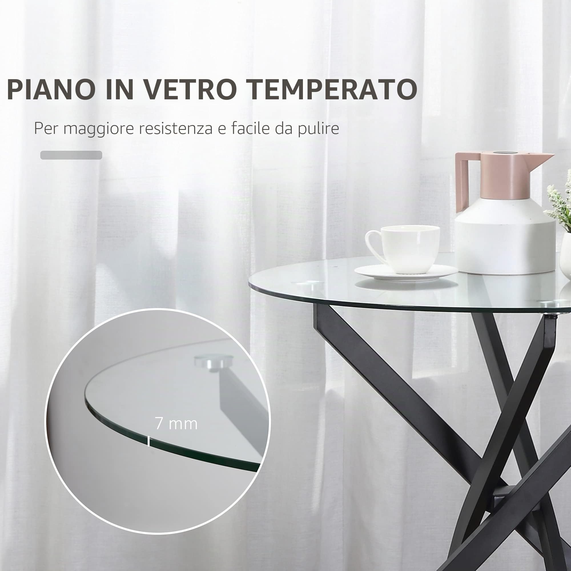 HOMCOM Tavolo Rotondo in Vetro e Gambe Incrociate in Metallo, Tavolino Moderno per Soggiorno e Studio, 80x80x75cm, Nero