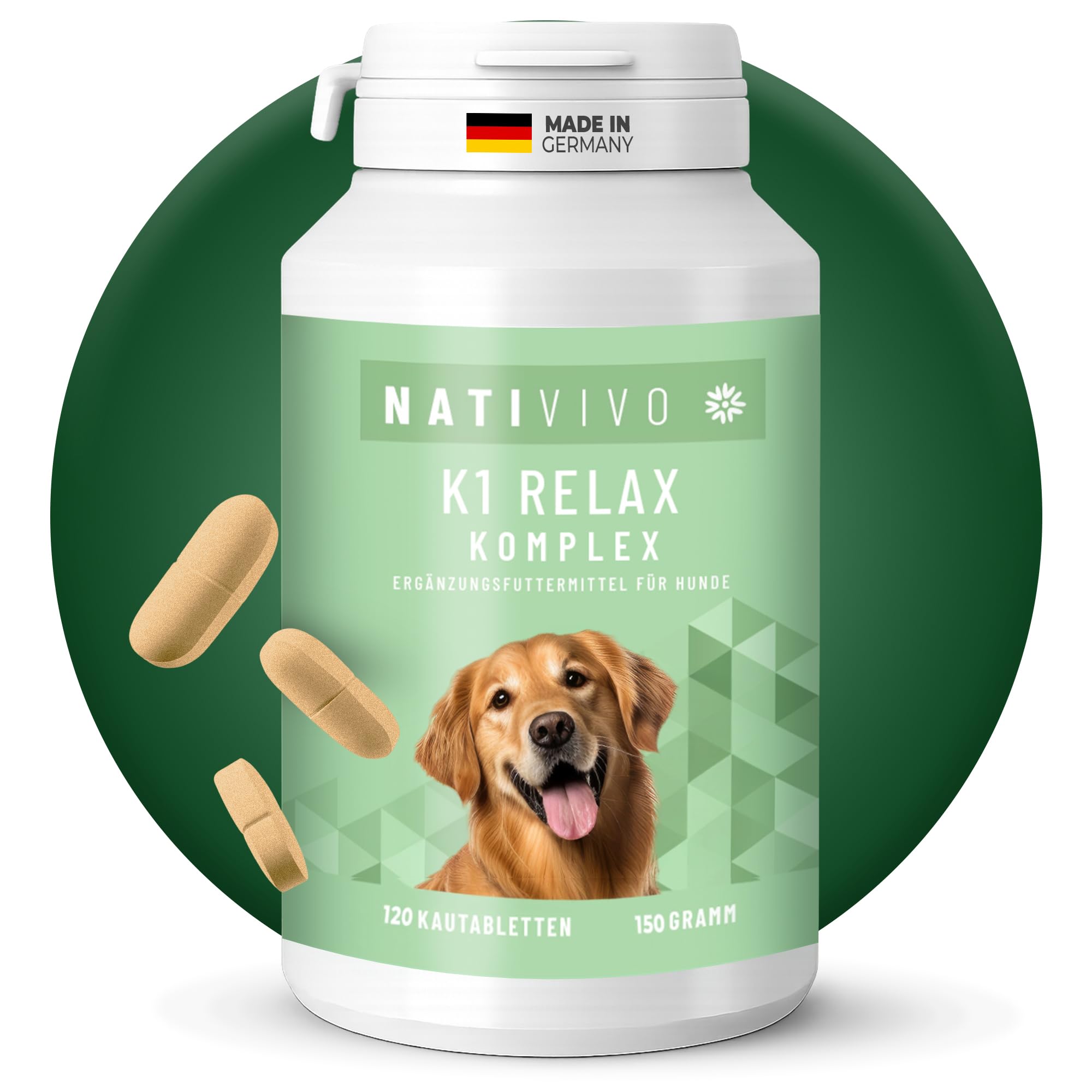 K1 Relax Komplex Beruhigungsmittel für Hunde - Baldrian Hanfsamenöl & L Tryptophan Hund Beruhigung - Hunde Beruhigungsmittel unterstützend bei Angst & Stress - Beruhigung Hund - 120 Tabletten