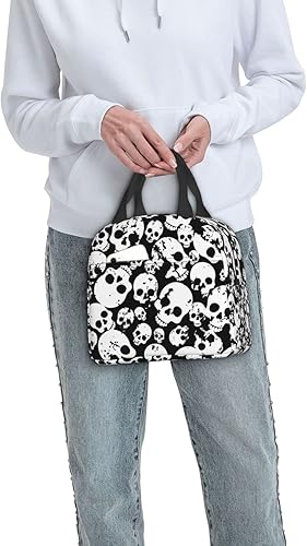 Vista 7 de VOOHDDY Bolsa de almuerzo aislada en blanco y negro con calavera para hombres y mujeres, contenedor reutilizable, impermeable, portátil, enfriador
