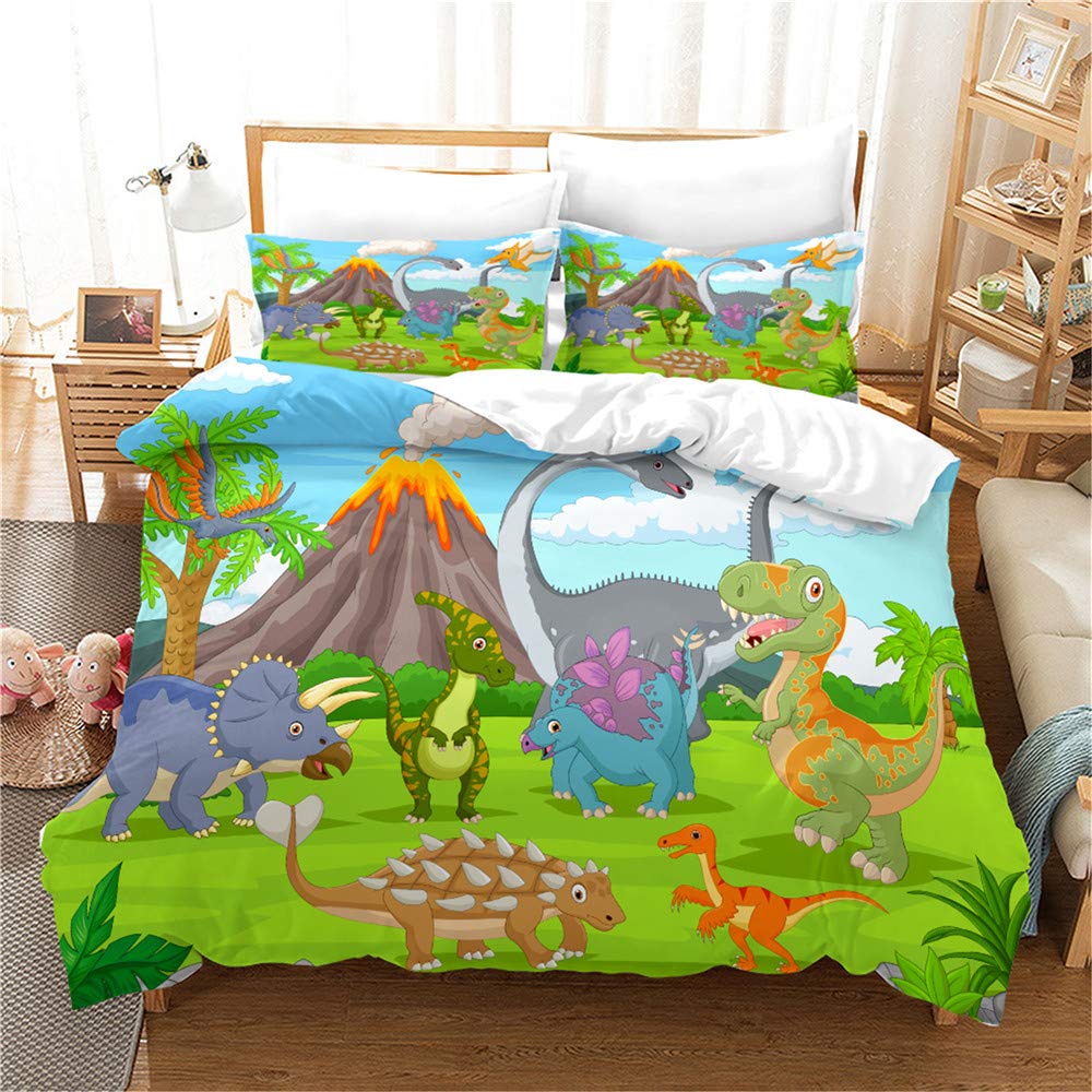 Parure de lit 2 pièces en microfibre douce avec fermeture éclair pour enfants, garçons et filles, housse de couette à imprimé de dinosaure mignon pour enfants et jeunes – Grand lit