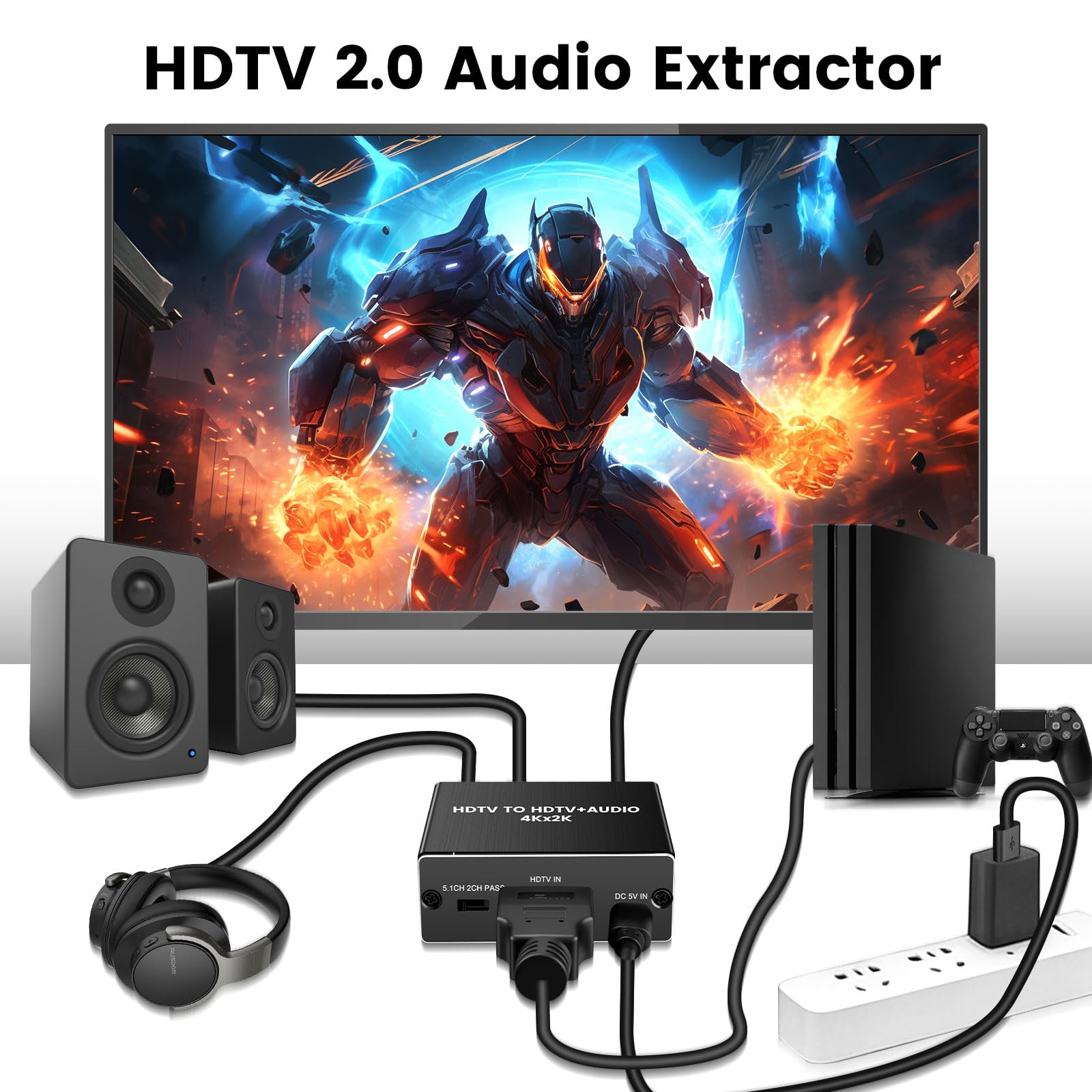 HDMI Audio Extractor 4K 30Hz HDMI 2.0 Splitter with SPDIF 5.1CH & 3.5mm Stereo EDID HDR Dolby Vision HDCP 2.2