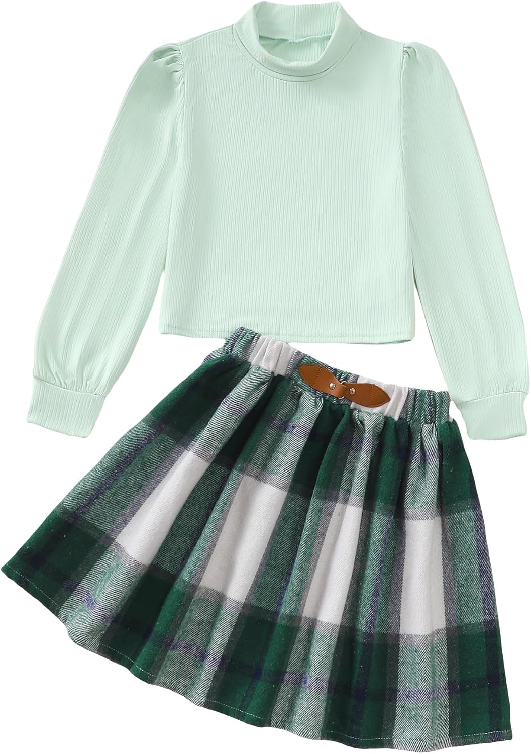 Girls Skirt Sets 2 Piece Outfits Long Sleeve Puff Mock Neck Tops and Plaid Skirts Fall Winter Clothes Size 6-14Y