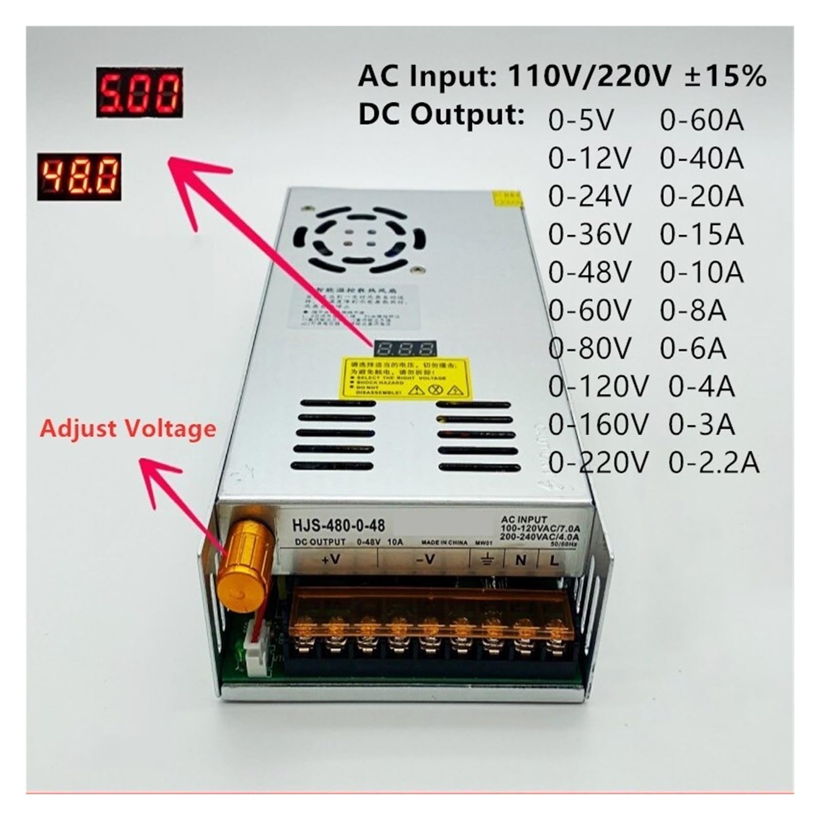 480W Digitalanzeige-Transformator AC-DC 0-5V Bis 0-160V Schaltnetzteil Einstellbar 36V 48V 60V 80V 120V 160V 220V Hohe Stabilität