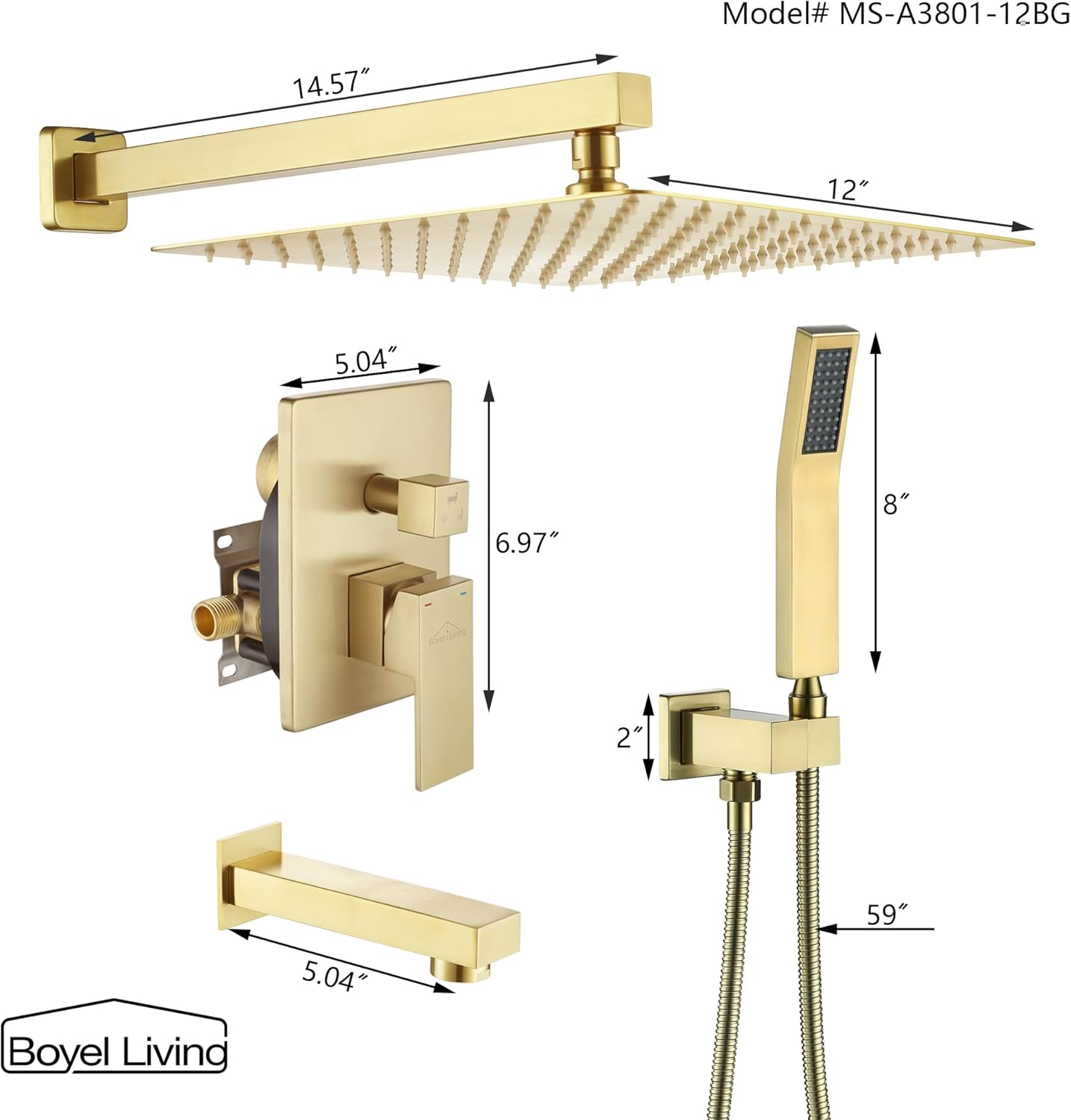Boyel Living Bathroom Luxury Shower System Set 12 Inch Rainfall Shower Head System High Pressure Rainfall Shower Faucet in Matte Black Shower Head,Wall Mounted (12" 3-Function, Brushed Gold)