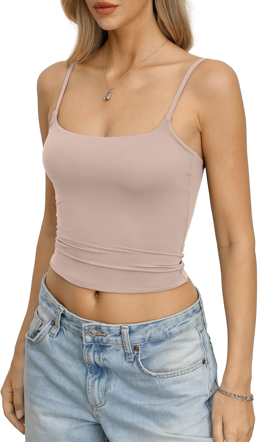 Womens Double Lined Crop Tank Top Adjustable Spaghetti Strap Camisole Shirts Fitted Summer Basic Going Out Tops - Image 4