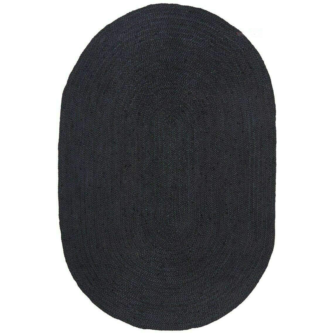 Tappeto in iuta fatto a mano, ovale, tinto nero, stile bohémien, per soggiorno e corridoio (nero, 60 x 110 cm)