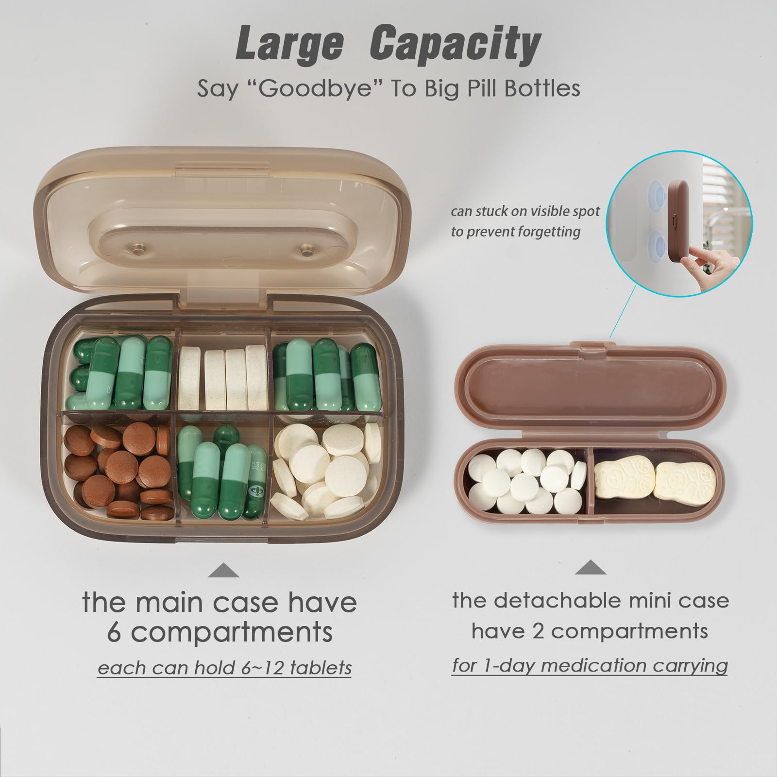 Portable Travel Pill Case, 8 Compartments Medicine Containers, Detachable, Light-Blocking, Small Size, Lightweight Medicine Daily Organizer for Pocket, Purse (Light Coffee)