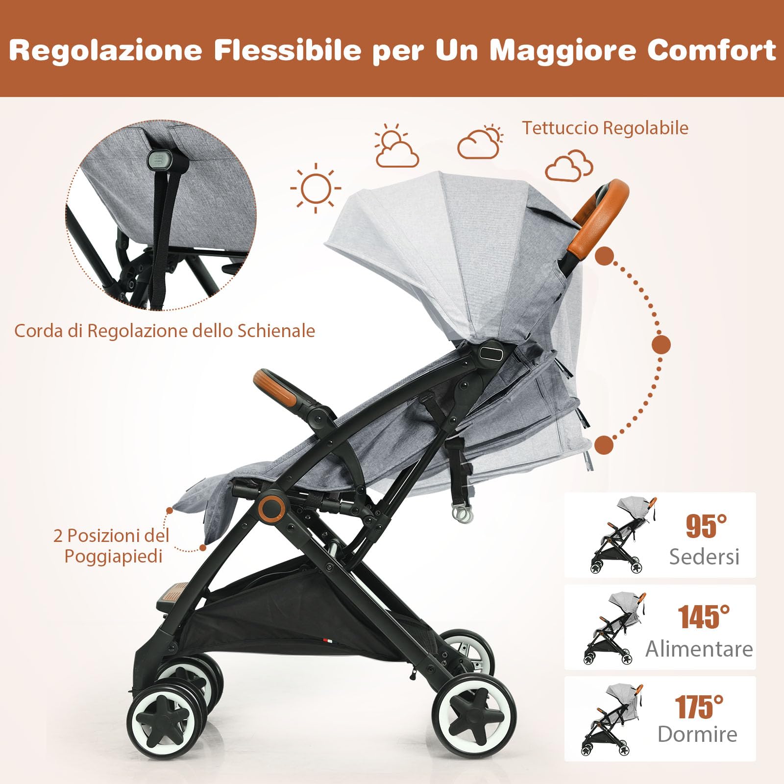 Costway Passeggino Leggero per Bambini 0-3 Anni fino 15 kg, Schienale e Poggiapiedi Regolabili, Cappottina e Zanzariera, Compatto Pieghevole Grigio