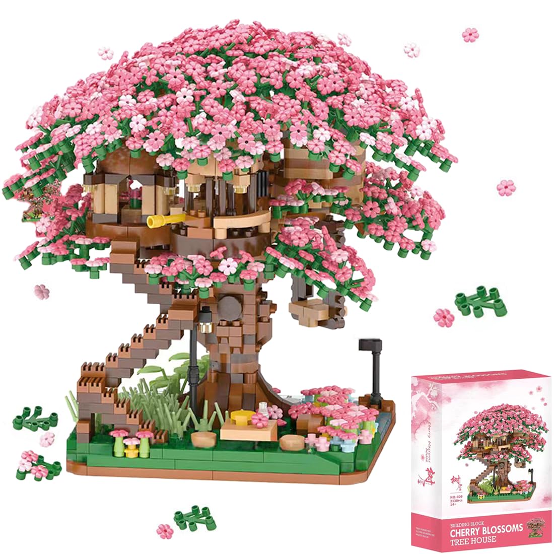 – Street View Cherry Bonsai Tree Bricks Model Set, 2138Pcs DIY Sakura Tree House Building Block Assembly Mini Particle Construction Toy - Not Compatible with Major Brands