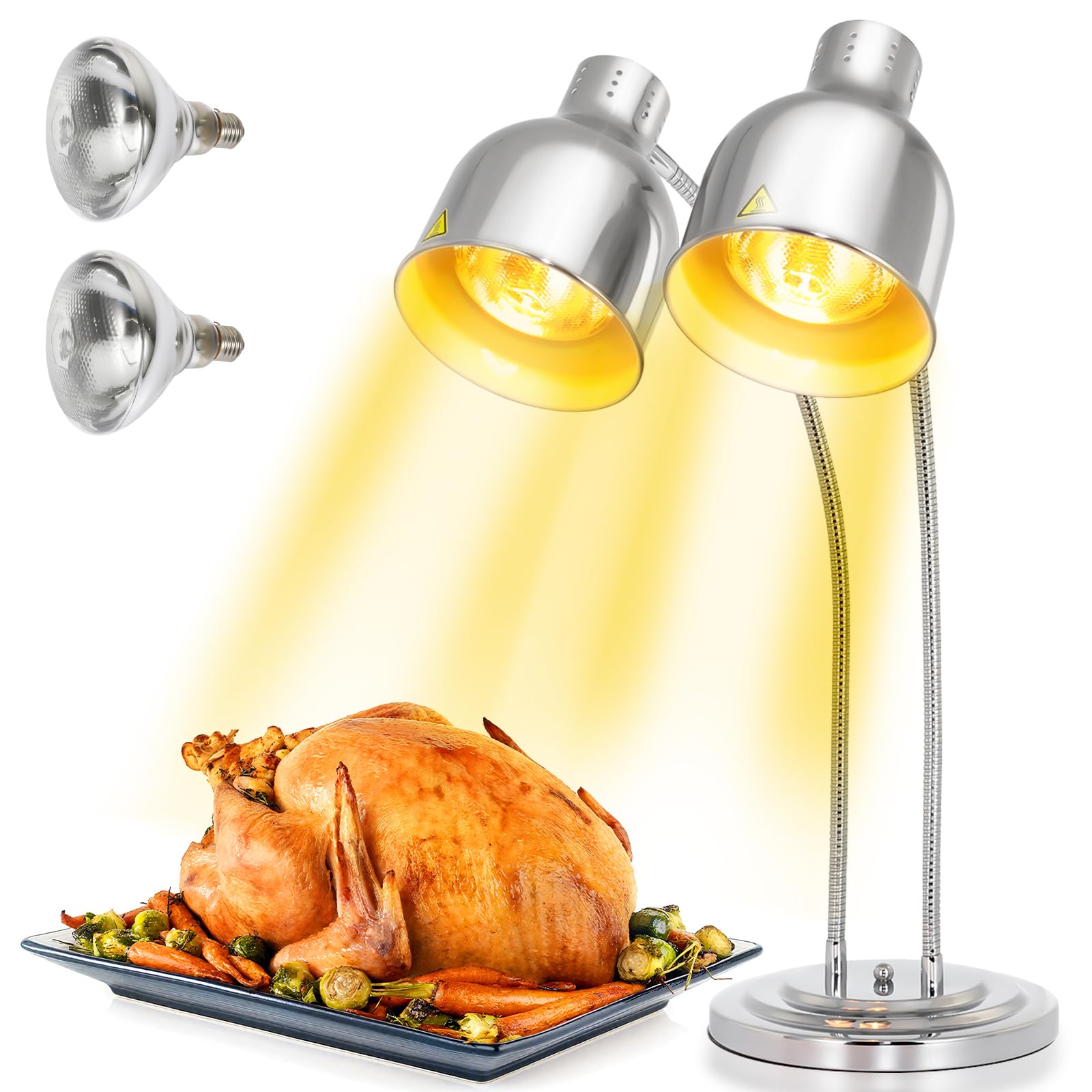 WICHEMI Food Heat Lamp, 2-Head Adjustable Heat Lamp for Food Commercial Food Warmer Lamp Stainless Steel Portable Electric Catering Food Warming Lamp for Parties Buffet Restaurant Kitchen, 500W Silver