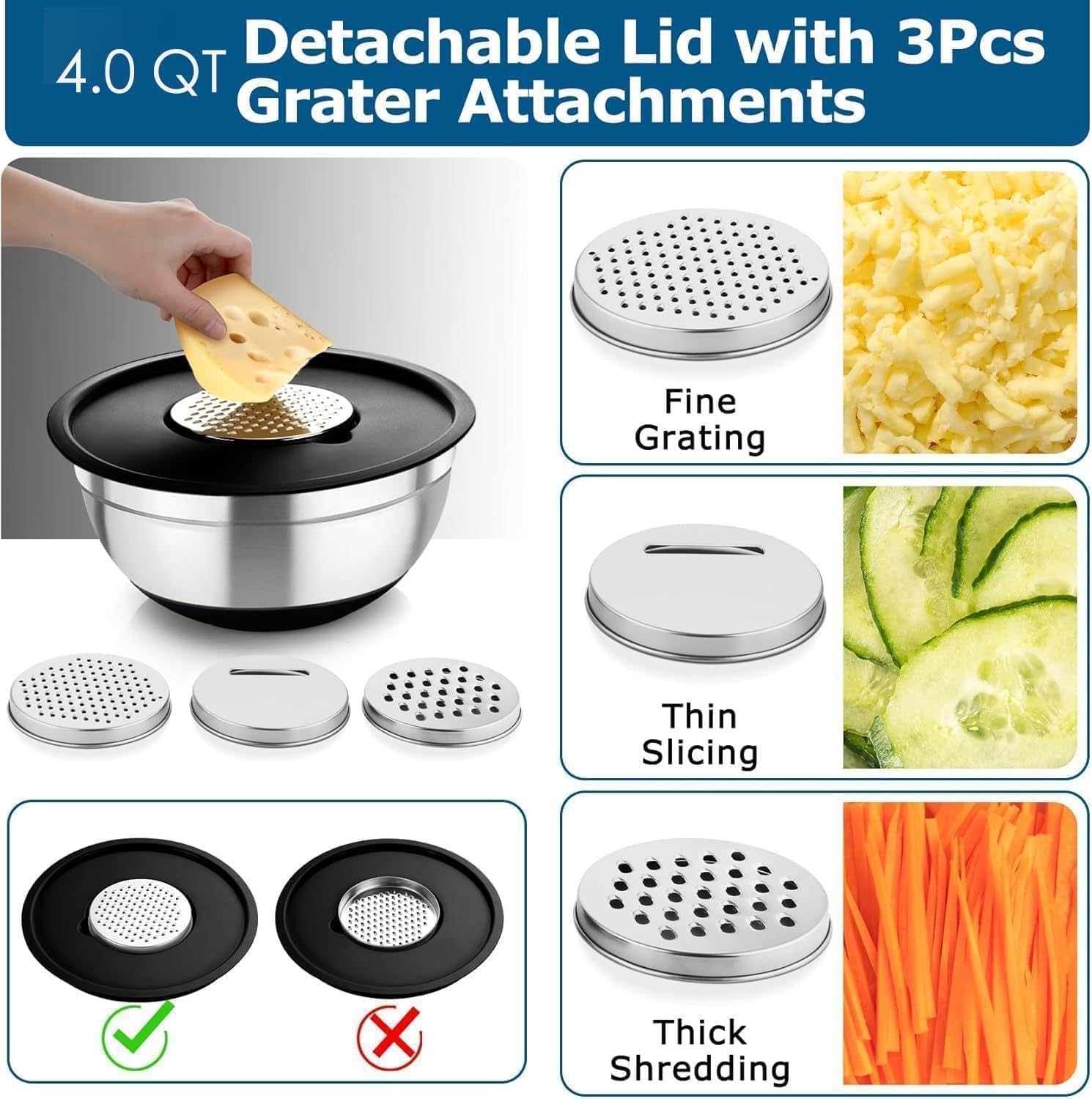 Beler Lot de 6 bols en acier inoxydable avec couvercle et râpe, pour la cuisine, avec fond en silicone, 6 accessoires de broyage