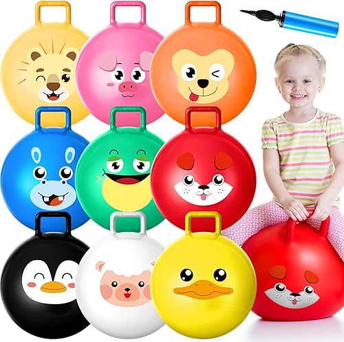 Lewtemi 9 bolas de salto de animales de 18 pulgadas inflables con mango y bomba de aire para niños, niñas y niños, juegos deportivos al aire libre,