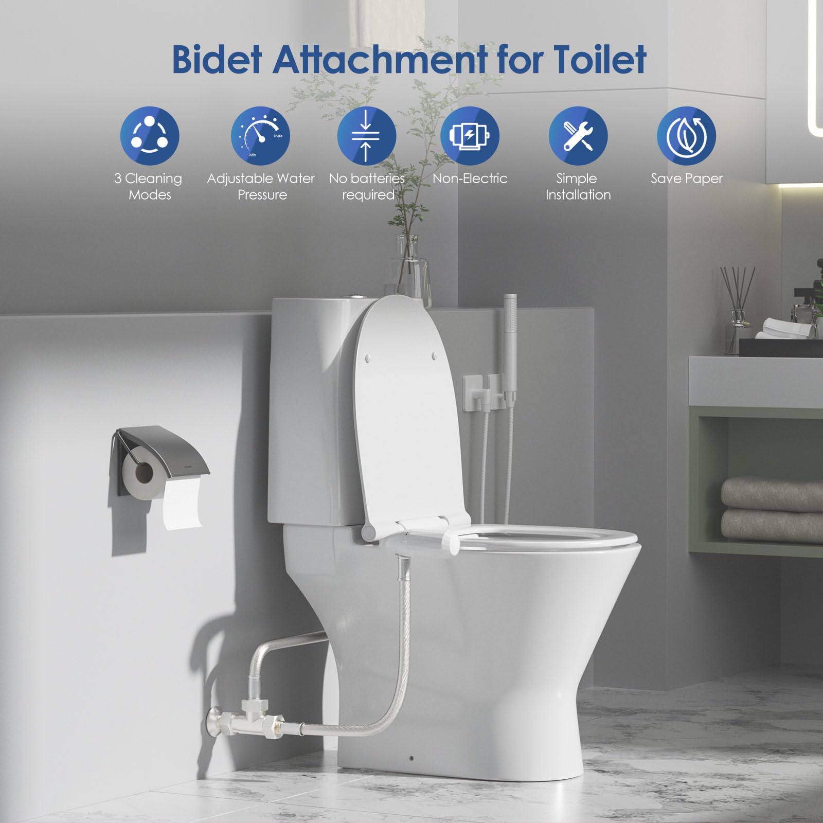 Sunowl Przystawka bidetu do toalety, ultracienka nieelektryczna nasadka do bidetu toaletowego w Wielkiej Brytanii, bidet zimnej wody z trybem czyszczenia podwójną dyszą, regulowane ciśnienie wody,