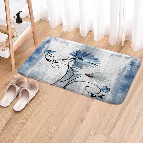 Miniatura 2 de Tapete de baño rústico de granja, diseño de margaritas azules y flores, mariposa, alfombra de baño de madera para baño, alfombra de baño suave y