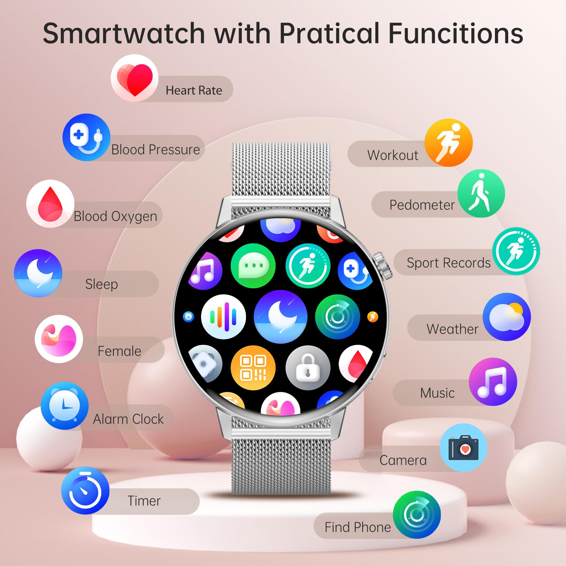 Reloj Inteligente Digital Mujer Hombre Redondo, 1,32" Smartwatch Llamada, 20 Modos Deportivos Fitness Pulsera Actividad con Sueño/Pulsómetro, Podómetro/Cronómetro Smart Watch para iOS Android
