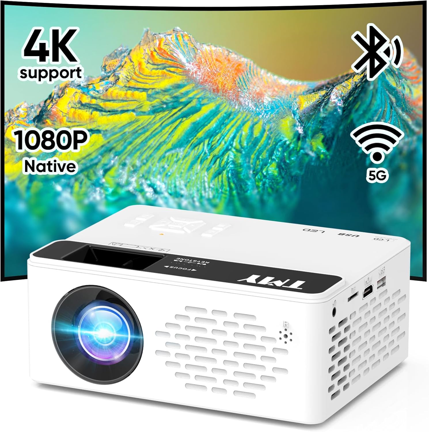 TMY Mini Projector, Native 1080P Projector with WiFi and Bluetooth, 4K Supported Portable Projector, Movie Projector Compatible with TV Stick Smartphone/HDMI/USB, indoor & outdoor use