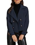 Cropped Trench Coat for Women Long Sleeve Double Breasted Notched Lapel Casual Loose Fit Jackets with Pockets