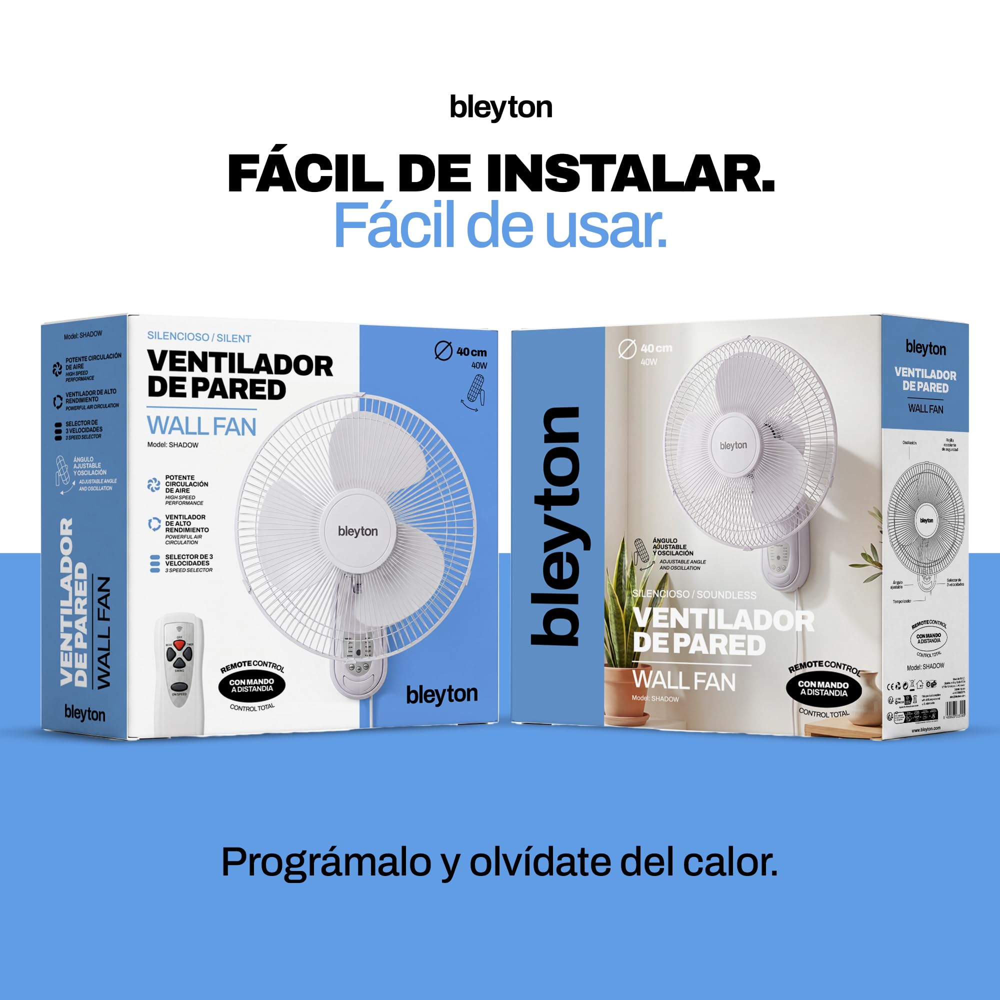 BLEYTON Shadow, Ventilatore da parete silenzioso con telecomando, 40 W, con telecomando, 3 velocità, timer e 3 modalità di funzionamento, oscillazione orizzontale a 180° e verticale