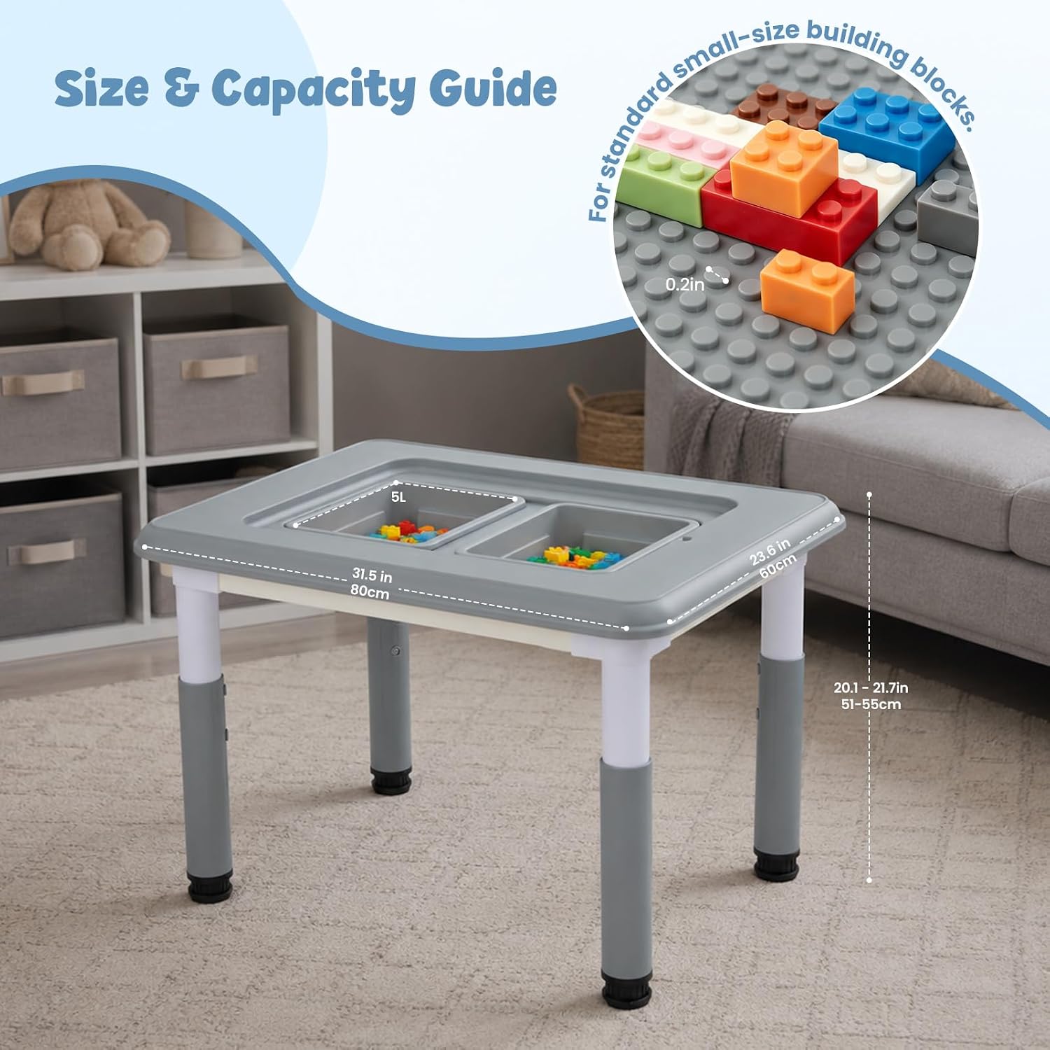 FUNLIO Kids Activity Table, Height Adjustable with Storage, Grey