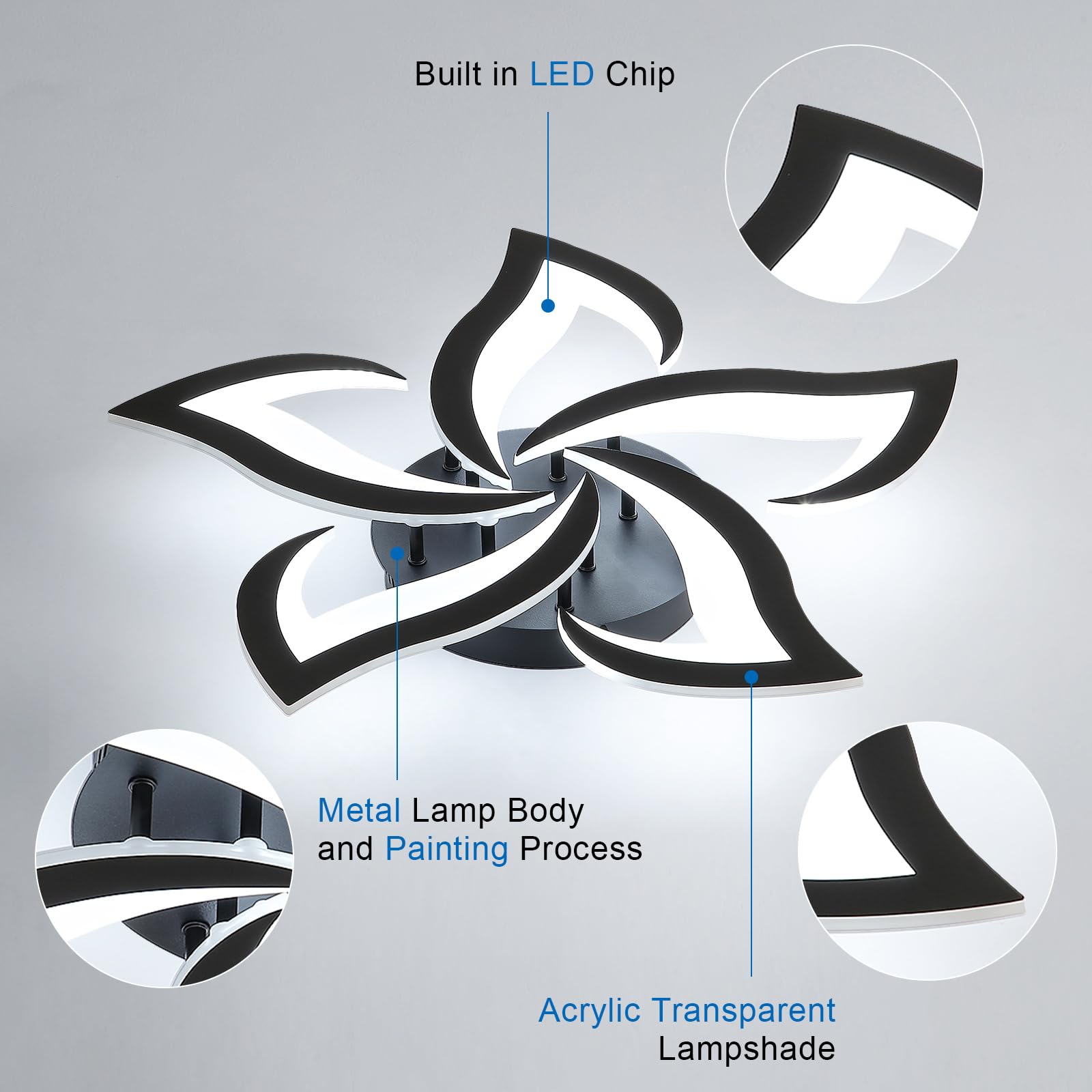 Comely Lampa sufitowa, Plafon LED 60 W 6750 LM, zimna biel 6500K, czarna nowoczesna lampa sufitowa do sypialni, salonu, jadalni (średnica 60 cm)