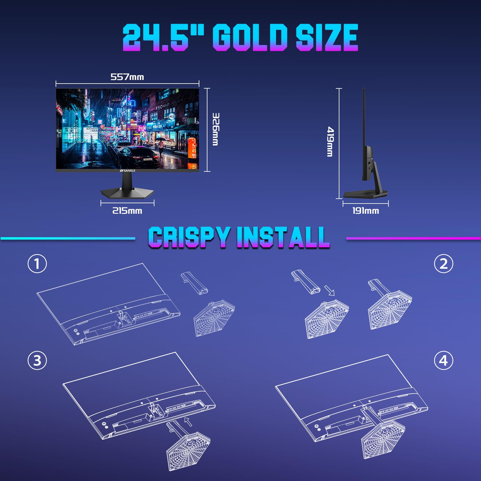 SANSUI - Monitor da gioco, 24,5", 300Hz 240Hz FHD 1080P 1ms FPS PC, HDR, FreeSync, DisplayPort x2 HDMI x2, Fast IPS, 120% sRGB, Jack audio, supporto VESA, compatibile