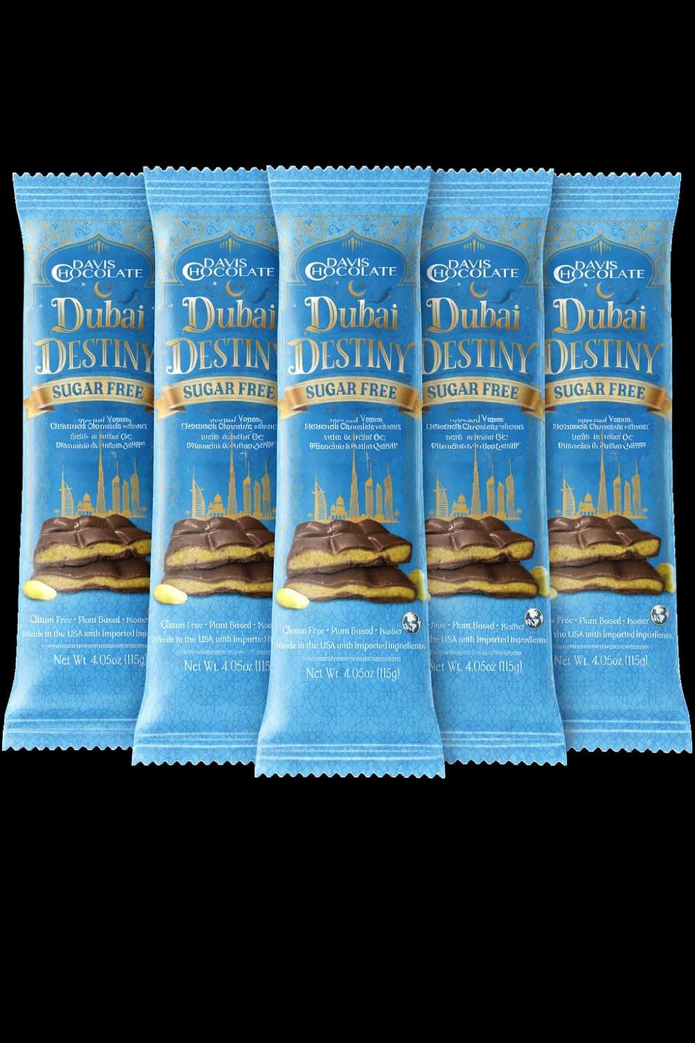 Davis Chocolate Dubai Destiny Sugar Free Vegan Dark Chocolate Bar, Pistachio & Puffed Quinoa, Gluten Free, Kosher, 4.05oz (3 Pack, SF - Dark Vegan)