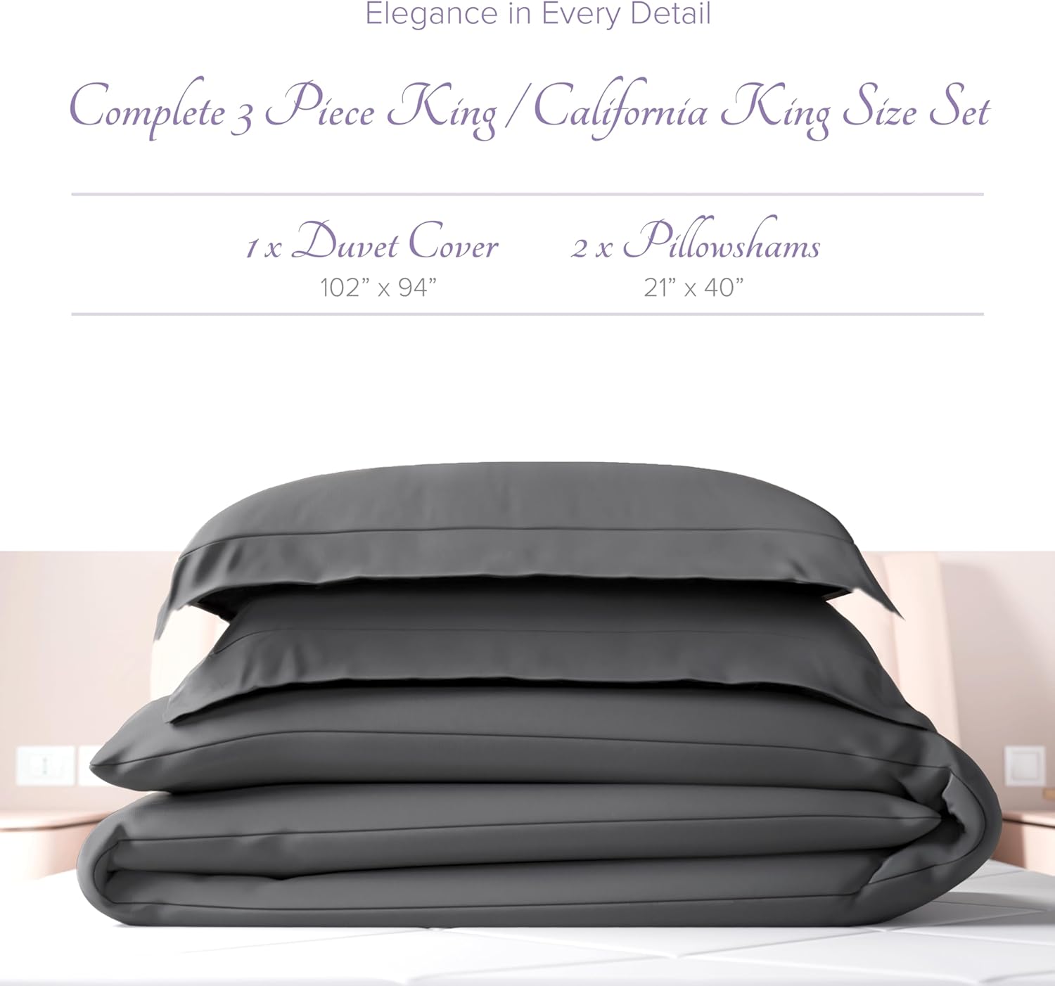 Carressa Linen 100% Egyptian Cotton Duvet Cover King Size - 600 Thread Count 3 PC Duvet Cover, Extra Long Staple Egyptian Cotton Quilt Cover, Soft, Breathable with Hidden Zipper Closure - Dark Grey - Image 3
