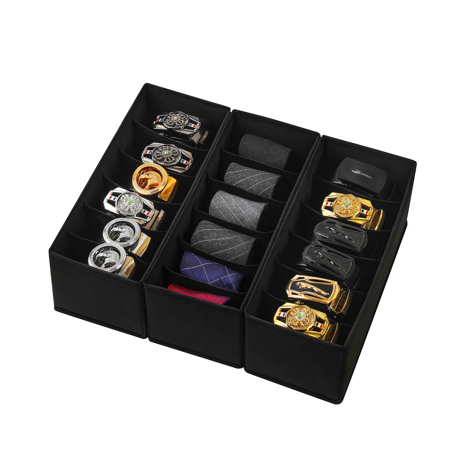 Gürtel-Organizer aus Stoff mit 6 Fächern pro Organizer, faltbare Schubladen-Organizer für Schrank und Schublade, Gürtel und Krawattenhalter, Schwarz, 3 Stück