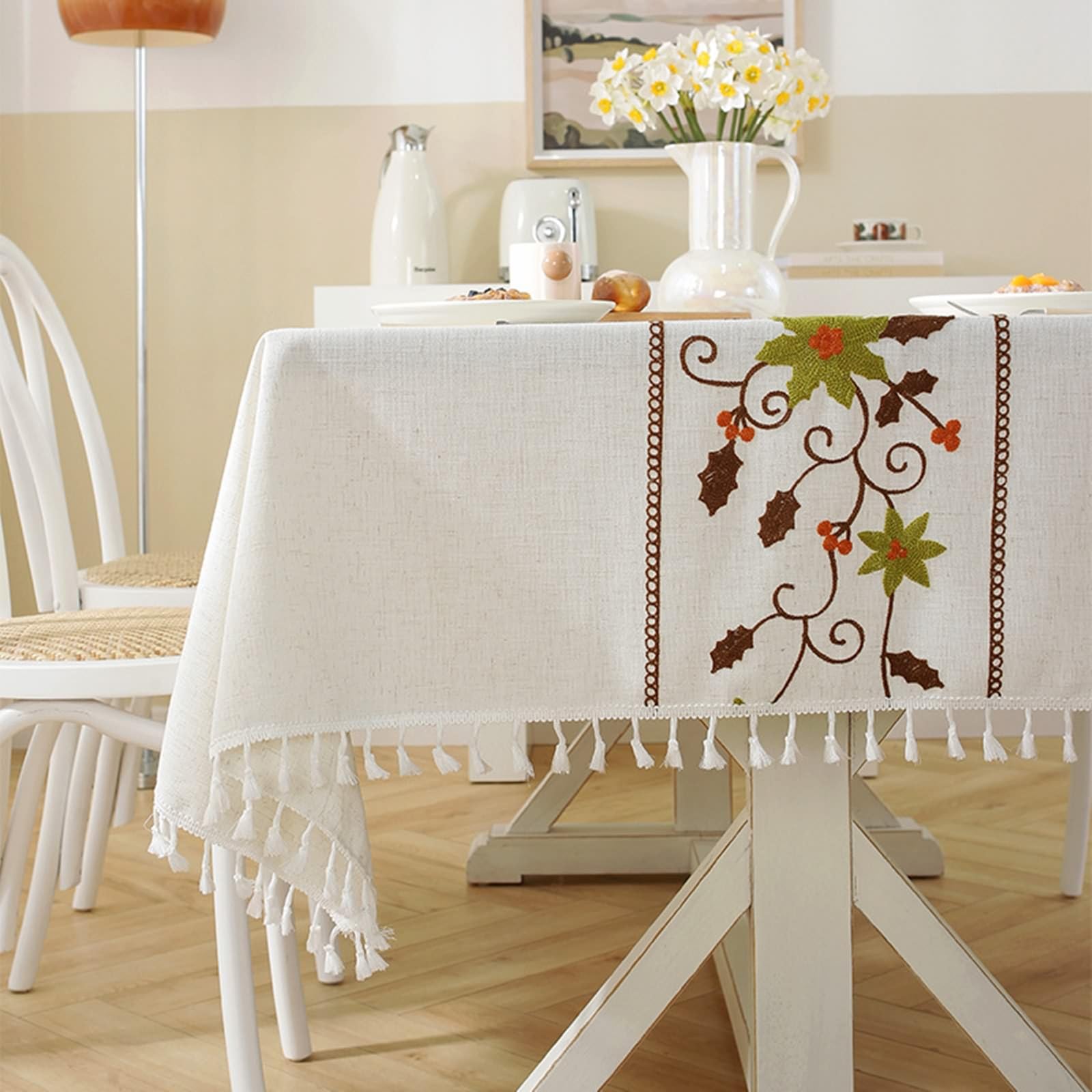 Tovaglia Decorativa Tavolo Rettangolare, Tovaglie 140 x 300 cm Fiori da ricamo in Poliestere Copritavolo per Tavolo da Pranzo, Cucina, Festa CompleannoMarrone Verde Oliva