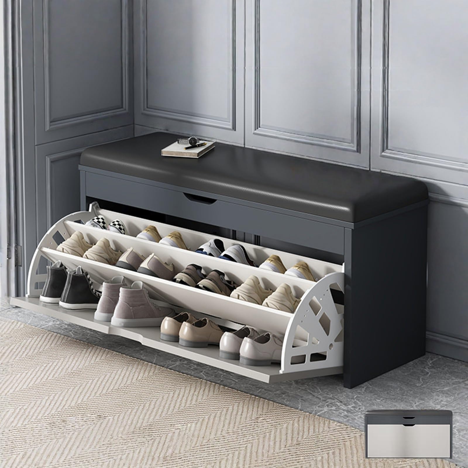 Banc de rangement à chaussures 3 tiroirs rabattables et coussin rembourré confortable gris