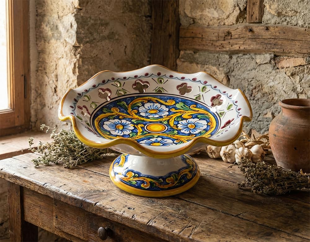 Centro de mesa de cerámica siciliana azul y amarillo para decorar salones elegantes